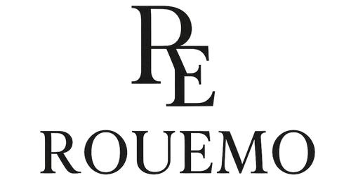 Logo of ROUEMO with stylized letters on a beige background